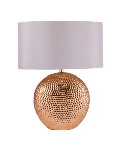 Dimpled Textured Oval Copper Plated Ceramic Bedside Table Light Base with Grey Faux Silk Oval Fabric Shade
