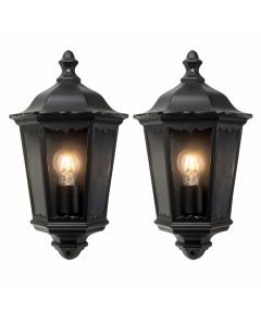 Set of 2 Sienna - Black with Clear Glass IP44 Outdoor Half Lantern Wall Lights