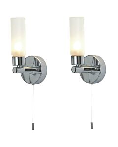 Set of 2 Polished Chrome IP44 Bathroom Wall Light With Pull Cord Switch