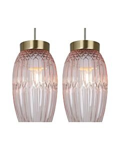 Set of 2 Facet - Antique Brass with Pink Faceted Glass Pendant Shades