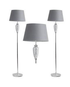 Pair of Mirrored Crackle Glass Floor Lamp with Grey Shades