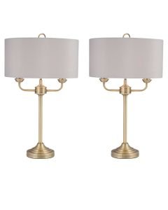 Pair of Antique Brass Twin Arm Table Lamp with Grey Cotton Shades