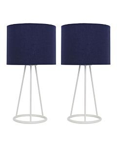Set of 2 Tripod - White Tripod Table Lamps with Ring Detail and Navy Blue Fabric Shades