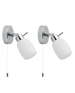 Set of 2 Brom - Chrome Opal Glass IP44 Pull Cord Bathroom Wall Spotlights