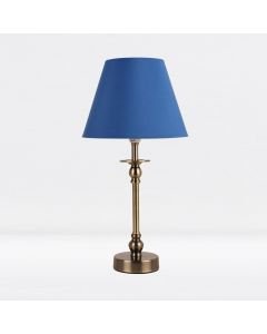 Antique Brass Plate Bedside Table Light with Ball Detail Column Blue Fabric Shade