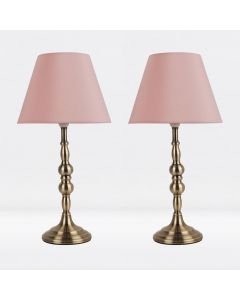 Set of 2 Antique Brass Plated Bedside Table Light with Candle Column Blush Pink Fabric Shade