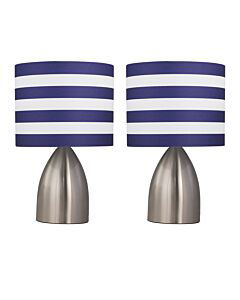 Set of 2 Valentina - Brushed Chrome Touch Lamps with White & Blue Striped Shades