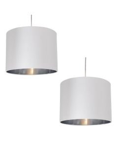 Pair of White Faux Silk 30cm Drum Light Shade with Chrome Inners