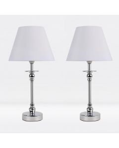 Set of 2 Chrome Plated Bedside Table Light with Ball Detail Column White Fabric Shade