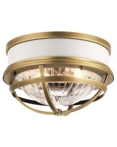 Quintiesse - Tollis - QN-TOLLIS-F-NBR - Natural Brass White Clear Ribbed Glass 2 Light Flush Ceiling Light
