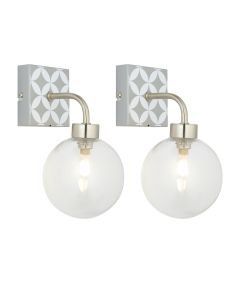 Set of 2 Geo Tile - Brushed Chrome with Clear Glass Globe IP44 Bathroom Wall Lights