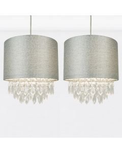 Set of 2 Sparkle Grey Faux Silk Jewelled Easy Fit Light Shades