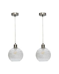 Set of 2 Betchley - Clear Ribbed Glass Globe with Satin Nickel Pendant Fittings