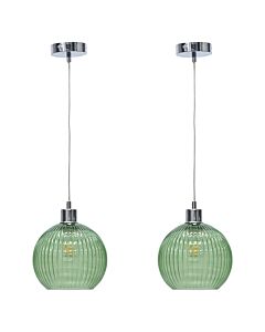 Set of 2 Betchley - Green Ribbed Glass Globe with Chrome Pendant Fittings