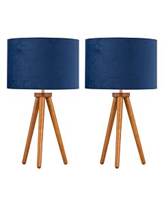 Set of 2 Dark Oak Table Lamp or Bedside Lights with Blue Velvet Shades