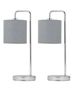 Set of 2 Chrome Arched Table Lamps with Grey Cotton Shades