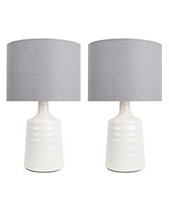 Set of 2 Ripple - Off White Ribbed Ceramic Table Lamps with Grey Fabric Shades