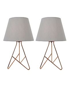 Set of 2 Tripod - Copper 42cm Table Lamps With Grey Fabric Shades