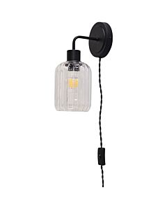 Toby - Black Plug in Wall Light with Lozenge Ribbed Glass Shade