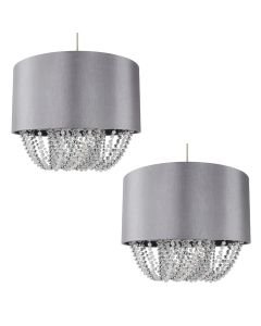 Pair of Large 40cm Grey Fabric Non Electric Pendants With Beaded Diffusers