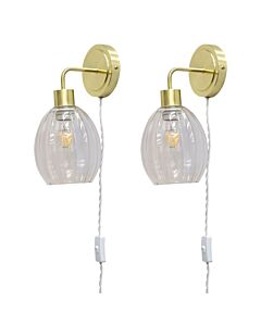 Set of 2 Toby - Satin Brass Plug in Wall Lights Fluted Shades