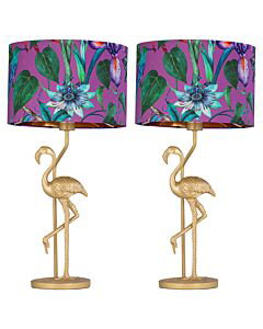 Set of 2 Flamingo - Gold Table Lamps with Tropical Printed Shade