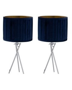 Set of 2 Sundance - Chrome Tripod Table Lamps with Navy Blue Pleated Velvet Shades