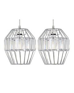 Set of 2 Beaded - Chrome Cage Pendant Shade with Clear Prism Detail