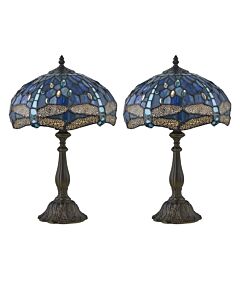 Set of 2 Beaumont - Tiffany Dragonfly Coloured Glass 47cm Table Lamps