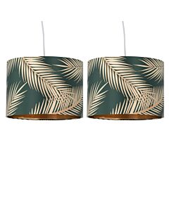 Set of 2 Tropica - Dark Green with Gold Embossed Leaf Detail 30cm Pendant Shades