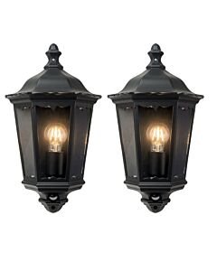 Set of 2 Sienna - Black with Clear Glass IP44 Outdoor Half Lantern Wall Lights with PIR Motion Sensor