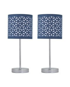 Set of 2 Chrome Stick Table Lamps with Navy Blue Laser Cut Shades