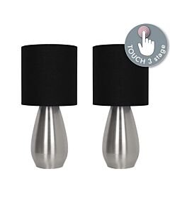 Set of 2 Bullet - Satin Nickel Touch Table Lamps with Black Fabric Shades