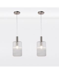 Set of 2 Clear and Brushed Chrome Fluted Glass Design Pendant Fittings