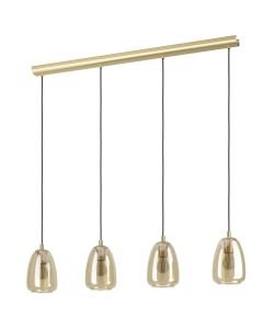 Eglo Lighting - Alobrase - 98649 - Brushed Brass Amber Glass 4 Light Bar Ceiling Pendant Light