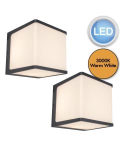 Set of 2 Doblo - 19.1W 3000K LED Cube Charcoal Opal IP54 Outdoor Wall Lights