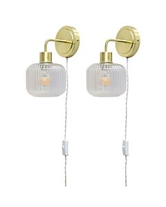 Set of 2 Toby - Satin Brass Plug in Wall Lights Barrel Ribbed Glass