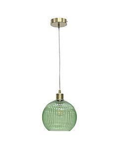 Betchley - Green Ribbed Glass Globe with Satin Brass Pendant Fitting