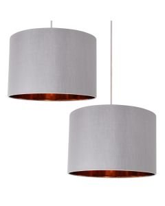 Set of 2 Grey Faux Silk 30cm Drum Light Shade with Copper Inner