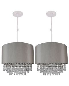 Set of 2 Large 350mm Silver Adjustable Flush Shade with Silver Inner and Clear Droplets