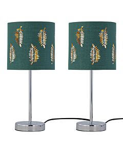 Set of 2 Chrome Stick Table Lamps with Dark Green Fern Cut Out Shades