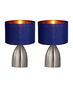 Set of 2 Valentina - Brushed Chrome Touch Lamps with Navy Blue Gold Shades