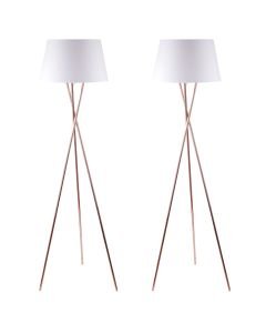 Pair Copper Tripod Floor Lamp with White Fabric Shade