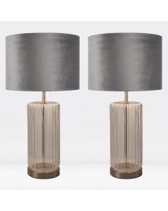Set of 2 Clear Fluted Glass Lamps with Grey Velvet Shades