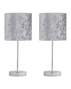 Set of 2 Chrome Stick Table Lamps with Grey Crushed Velvet Shades