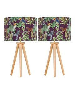 Set of 2 Light Oak Table Lamp Bedside Lights with Safari Velvet Shades