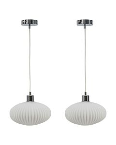 Set of 2 Baton - White Ribbed Oval Glass with Chrome Pendant Fittings