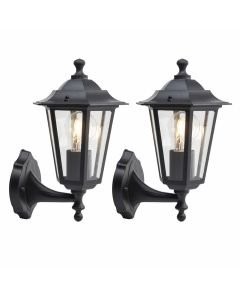 Set of 2 Eversham - Black with Clear Glass Six Sided Lantern IP44 Outdoor Wall Lights