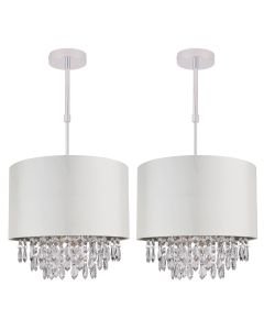 Set of 2 300mm Cream Faux Silk Ceiling Adjustable Flush Shade with Chrome Inner and Clear Droplets
