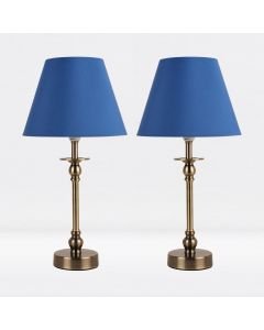 Set of 2 Antique Brass Plated Bedside Table Light with Ball Detail Column Blue Fabric Shade